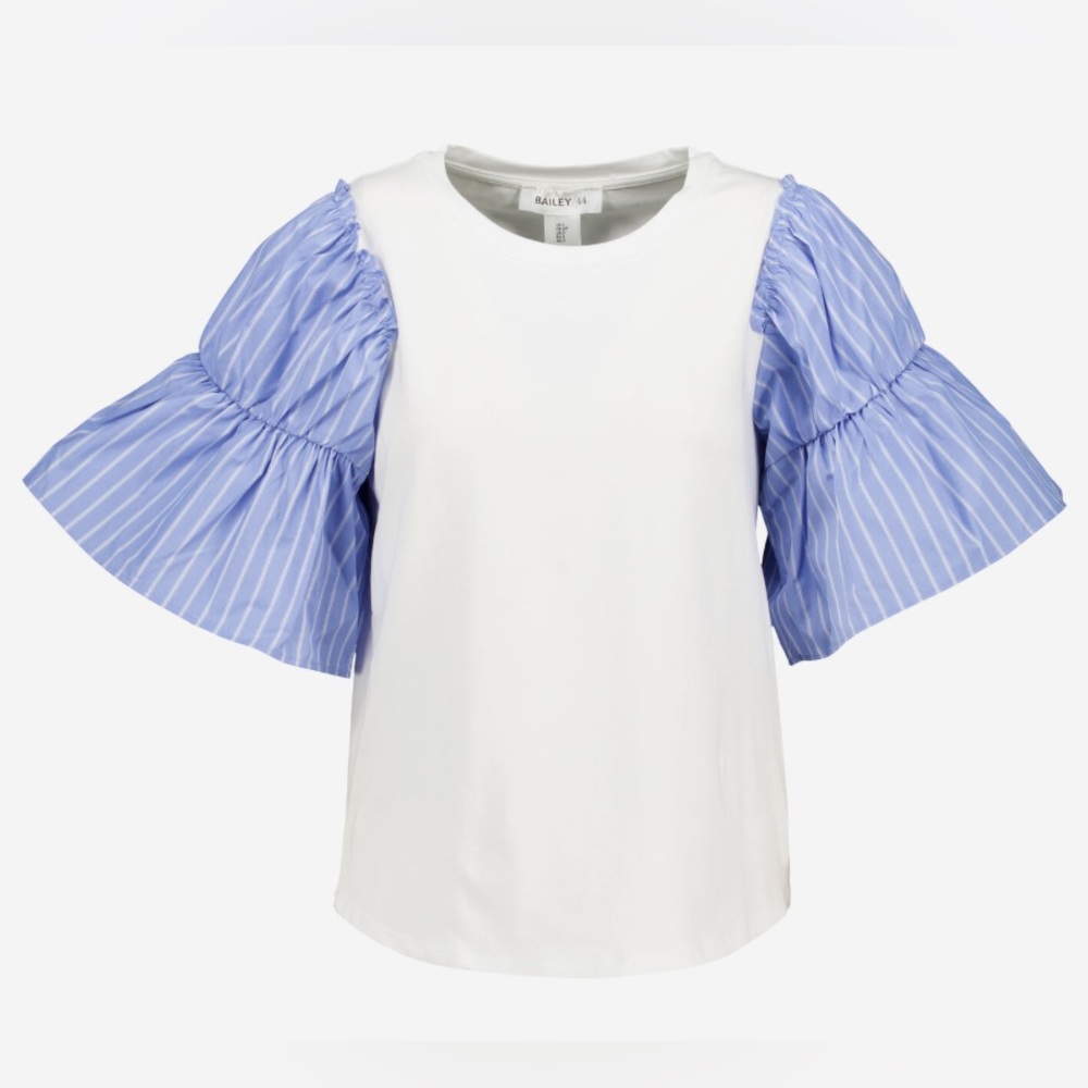 Bailey 44 White T-Shirt Top Blue Striped Puff Sleeves Women’s Size Medium (NWT)